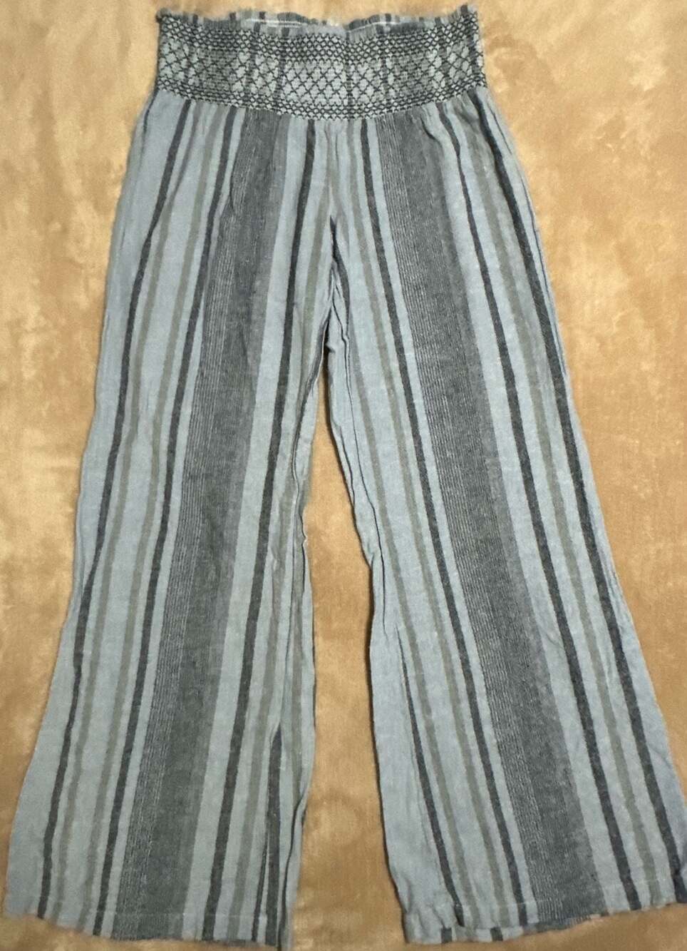 Indigo Rein Women's Size S Striped Linen Blend Smocked Waist Wide Leg Pants